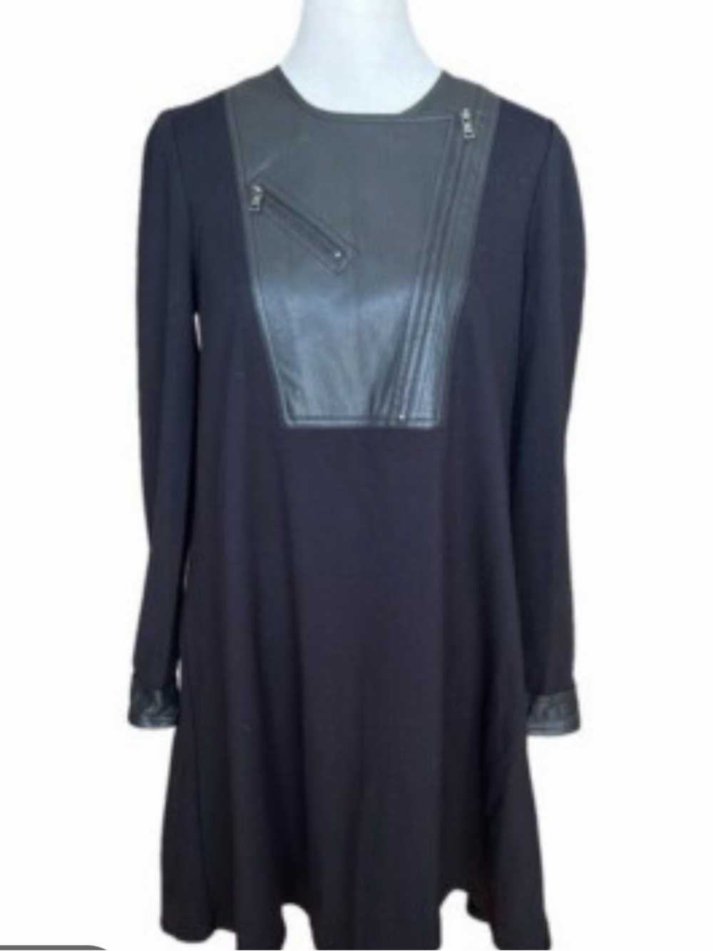 BCBGMaxAzria Black Long Sleeve Dress with Faux Leather Bib